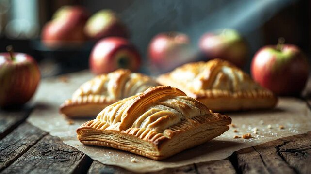 Dessert of apple pastries crafted from puff pastry on a wooden table.