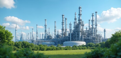 Obraz premium Oil refinery industrial plant. Petrol chemical factory. Big oil and gas industry zone. Green trees and blue sky. Energy production, storage. Environment, ecology and sustainable resources concept.