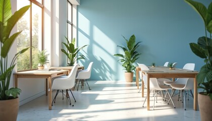 Fototapeta premium Bright, open-plan office interior with white, blue design. Modern workspace with stylish furniture. Light streams through windows, creating airy atmosphere. Plants adding eco touch. Interior design