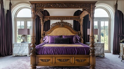 A majestic bedroom featuring a glamorous four-poster bed crafted in oak with intricate carvings