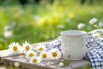 Pastoral Mother's Day breakfast scene with a porcelain mug amidst a setting of daisies and gingham cloth on an outdoor wooden picnic table.