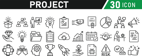 Project icons set in liner style. Editable icons collection