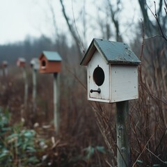 A row of birdhouses, weathered yet charming, standing in a rustic setting, echoing simplicity and a connection to woodland life.