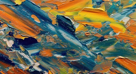 Abstract painting featuring a blend of orange yellow and blue colors with textured brushstrokes visible art