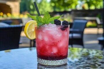 Refreshing iced blackberry lemonade with mint and lemon slice