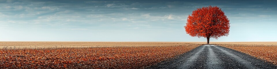Solitary red tree stands beside a rural road amidst autumnal field