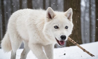 Naklejka premium Charming White Wolf with Striking Blue Eyes Carrying a Branch in Winter