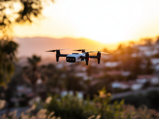 Sunset Drone Flight over Suburban Landscape