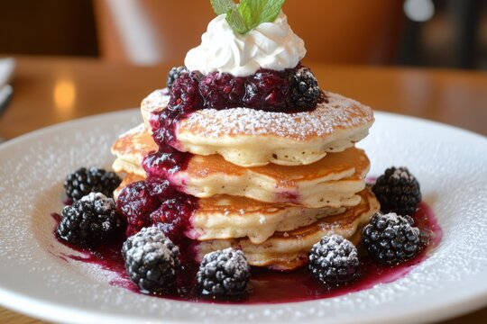 Stack of pancakes topped with blackberry compote and whipped cream