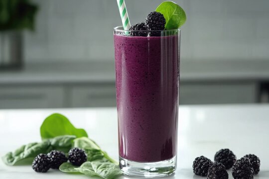 Blackberry smoothie with spinach leaves served in a glass with straw