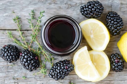 Fresh blackberries with lemon slices and thyme on rustic wooden background