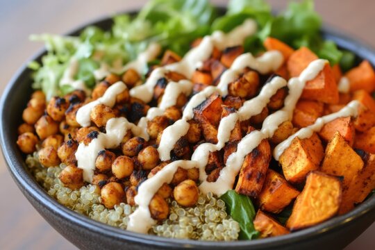 Vegan buddha bowl with quinoa roasted chickpeas sweet potatoes and greens