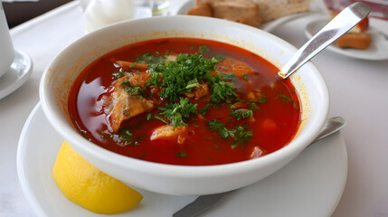 Spicy Fish Soup with Fresh Herbs and Lemon Slice Served in a White Bowl