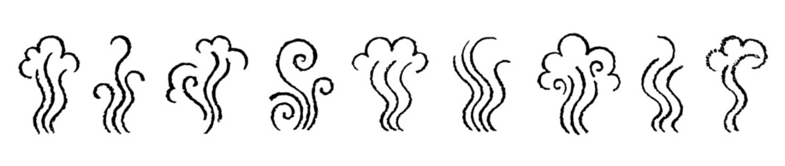 Smoke steam icon. Line doodle smell vector. Line smoke, scent, hot air. Crayon smell or wind steam icon. Hand drawn illustration. Heat wave with coffee aroma. Fire swirl. Line sketch of cooking smoke
