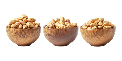 Pack Roasted Peanuts in a Wooden Bowl Set in Different Poses Against Transparent Background for Snack Branding, Food Packaging, or Culinary Marketing