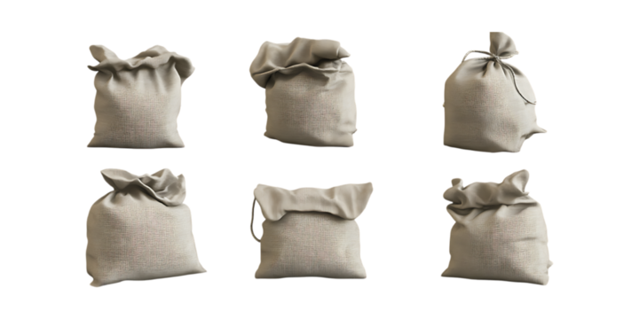 Pack Sandbag Set in Different Poses Against Transparent Background for Military Design, Construction Illustration, or Flood Protection Graphics