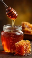 Honey Dripping From a Wooden Dipper Into a Jar Surrounded by Honeycomb on a Wooden Table