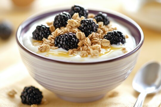 Bowl of yogurt with granola blackberries and honey
