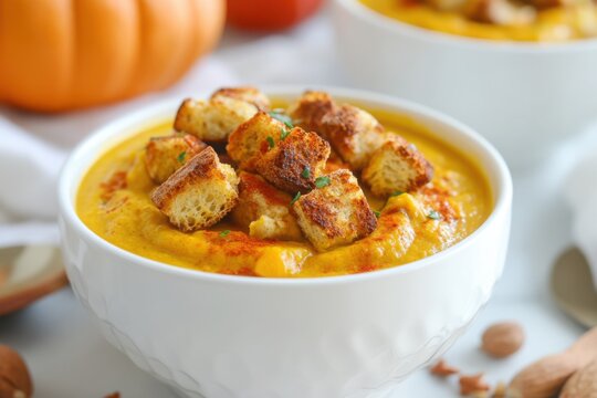 Creamy pumpkin soup topped with croutons in white bowl