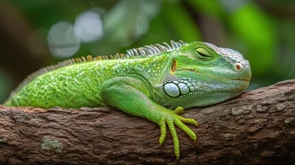 Fototapeta premium Sleepy green iguana resting on a branch