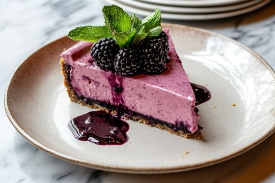 Slice of blackberry cheesecake garnished with mint
