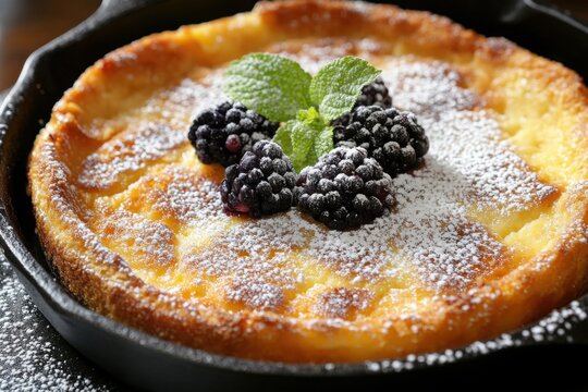 Baked dutch baby pancake topped with blackberries and powdered sugar