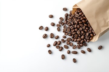 Scattered coffee beans spilling from a brown paper package