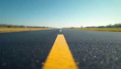 Naklejka premium Runway leads towards blue sky sunny day. Asphalt road surface, white yellow line, perspective view, horizon, ground, travel, transportation, journey, forward, straight, open, freedom, destination,