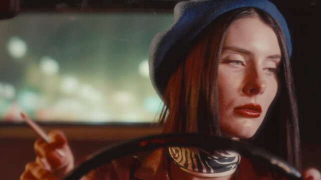 Young elegant woman with blue beret and red lipstick, smoking cigarette behind wheel of retro car, driving through city at night with blurred traffic lights in background. Zoom-out shot