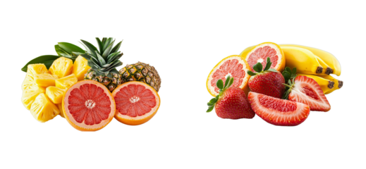Tropical and berry fruits on a clear background