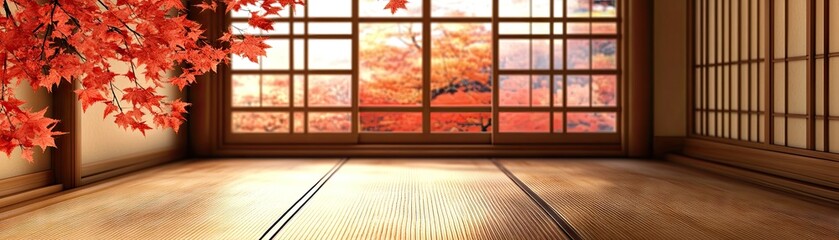 Autumnal Japanese Room with Maple Leaves