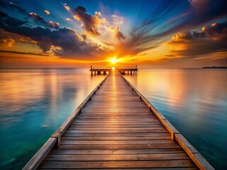 Fototapeta premium Long Exposure Sunset Pier Photography - Calm Ocean Waves & Golden Sky