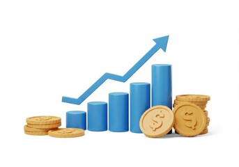 Blue chart with upward arrow and stacks of golden coins