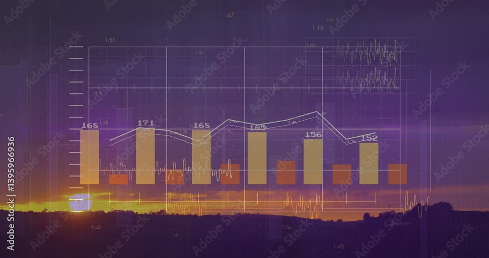 Poster bar and line graph animation over sunset landscape with data points
