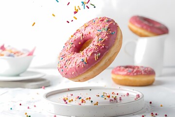 A Delicious Pink Donut with Sprinkles Levitation Photography