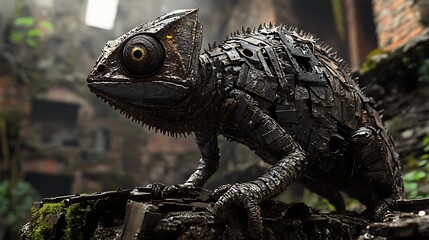 Fototapeta premium A black metal chameleon sculpture with intricate details