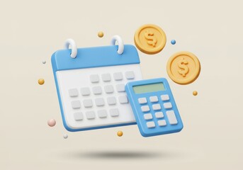 Floating calendar calculator and coins finance concept