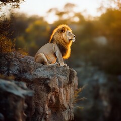 A majestic lion sits atop a rocky hill, basking in warm sunlight, embodying power, grace, and the majesty of the animal kingdom.