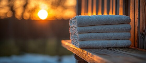 Stack of fluffy towels sits on wooden shelf against a vibrant sunset backdrop.  Warm, inviting scene