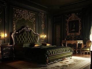 A regal bedroom with brooding dark tones
