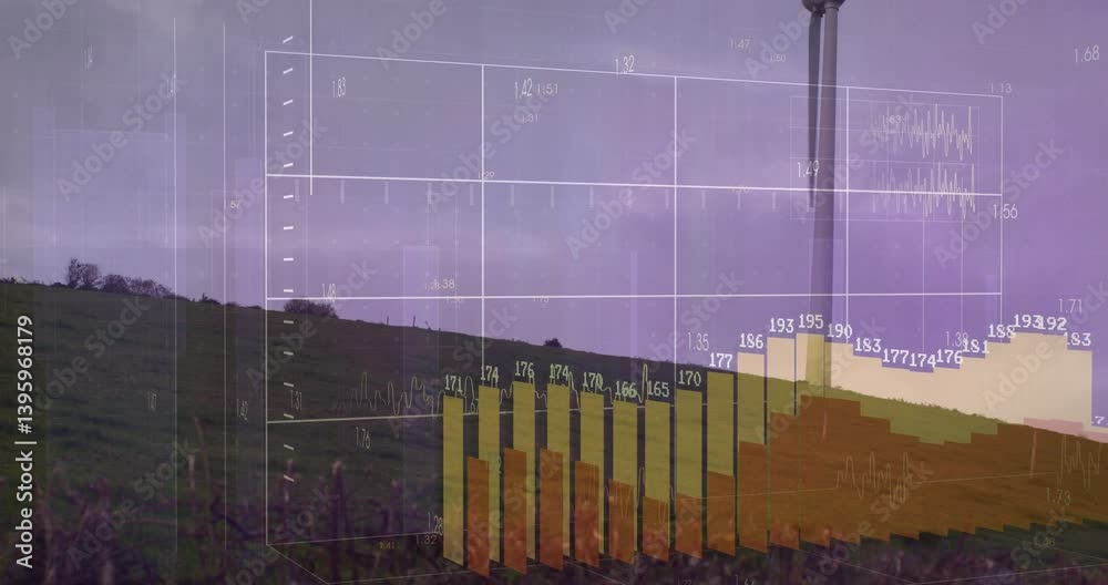 Poster wind turbine on hill with bar graph and data overlay animation