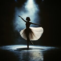 A graceful ballerina in mid-pose, illuminated by a spotlight on a dimly lit stage, conveying elegance and poise.