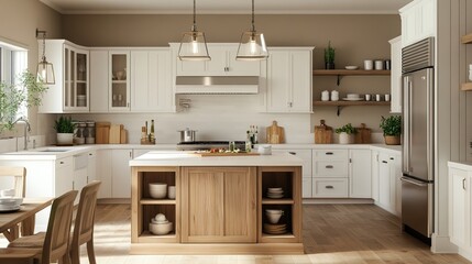 Modern farmhouse kitchen with white cabinetry and wood accents, featuring a large central island, stainless steel refrigerator, open wooden shelves displaying dishes and plants. 