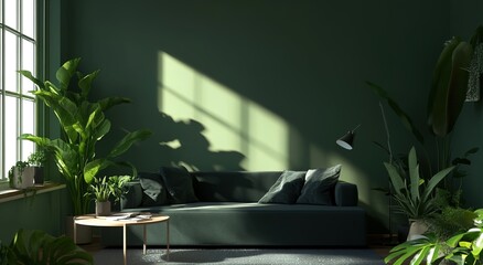 A curved emerald-green sofa as the focal point, flanked by tall potted plants against a dark green accent wall. Natural light streams through a left-side window onto pale flooring
