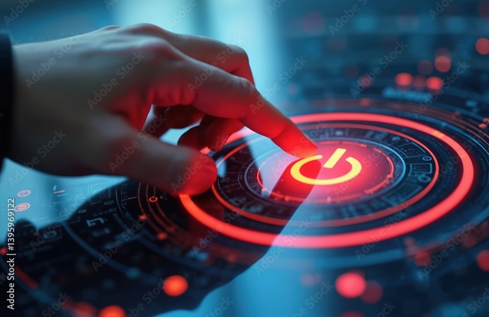 Poster hand presses glowing start button. index finger touches power sign. person activates modern digital 