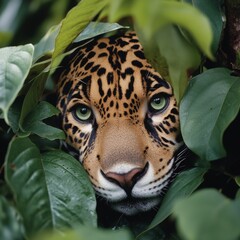 Amidst dense foliage, the intense eyes of a jaguar peek through, highlighting its poised and powerful presence in the thick of the rainforest.