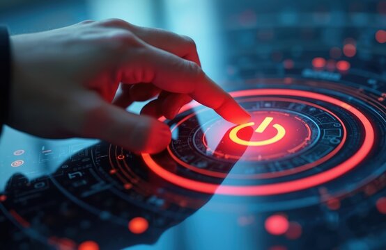 Hand presses glowing start button. Index finger touches power sign. Person activates modern digital tech interface. Business technology, startup, project launch, energy switch-on, futuristic concept.