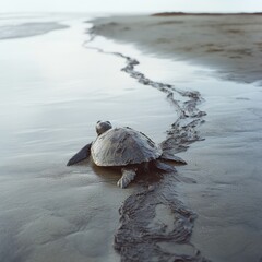 A determined sea turtle makes its way across the sandy beach, leaving a trail behind as it returns to the ocean.