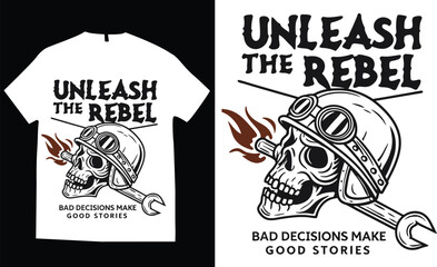 Motorcycle skull helmet piston gear engine speed rider byker t-shirt design distressed vector illustration