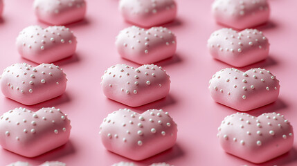 Fototapeta premium Rows of heart-shaped treats with pearl-like decorations arranged on a soft pink background.